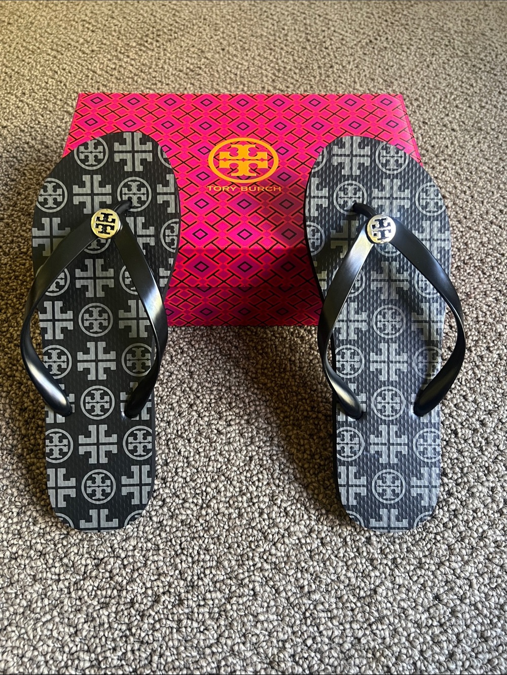 Tory Burch Black Logo-Print Flip Flop Sandals with Silver Emblem